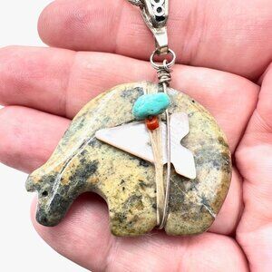 American Southwest Womens Necklace Sterling Silver Turquoise Bear Pendant